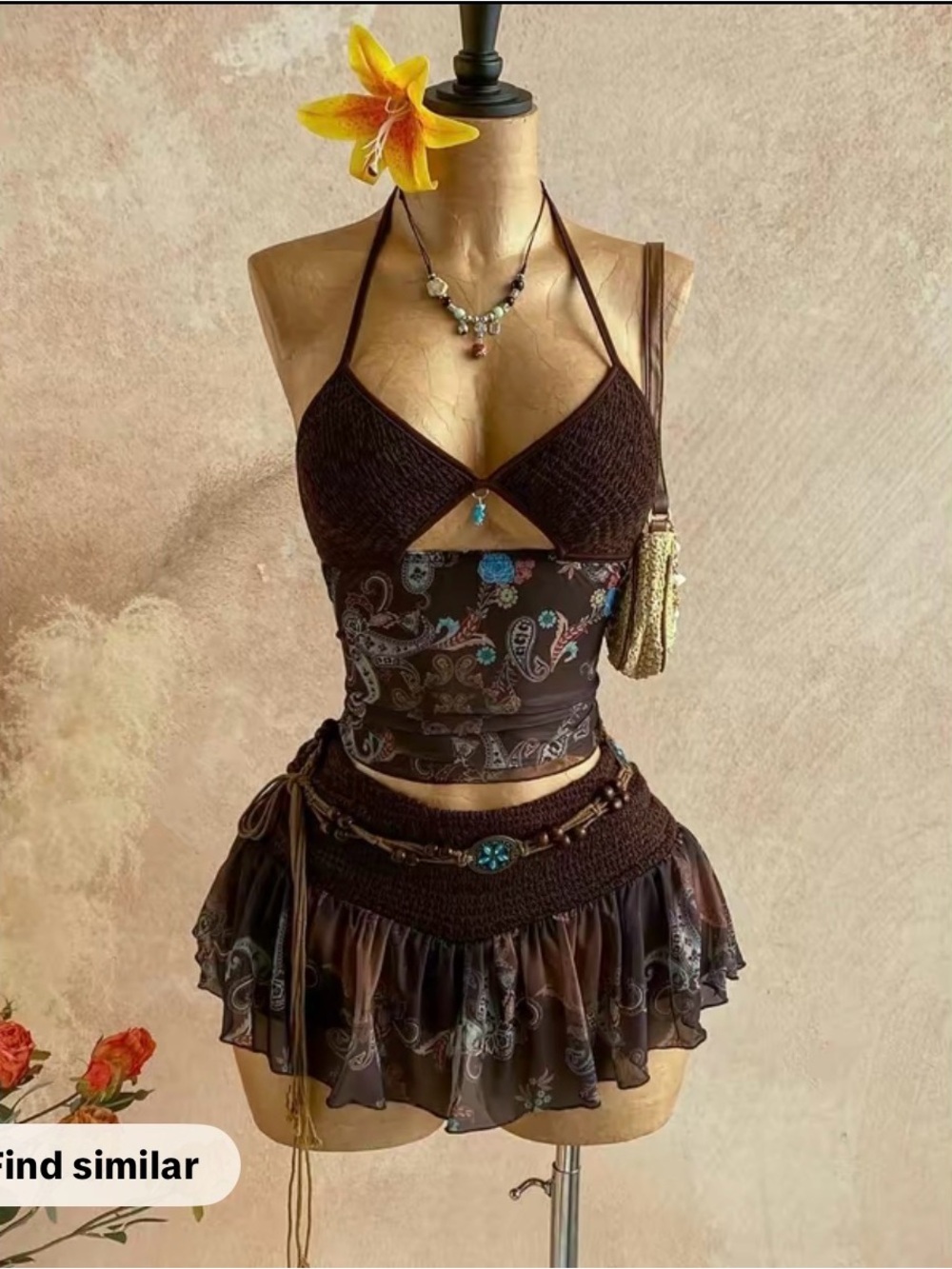 Brown Paisley Halter Crop Top & Mini Skirt Set